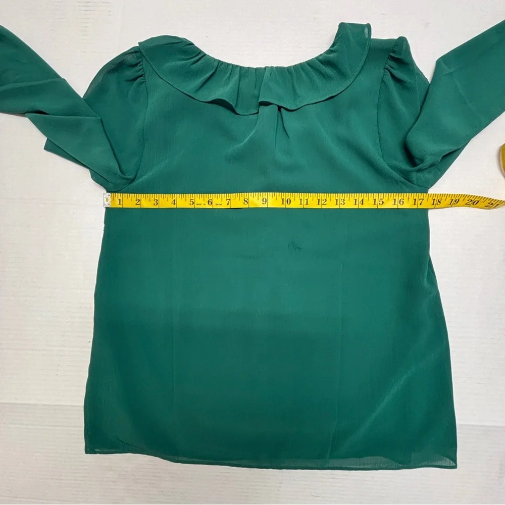 J Crew Chiffon Ruffle Neck 3/4 Sleeves Green Top Sz XS